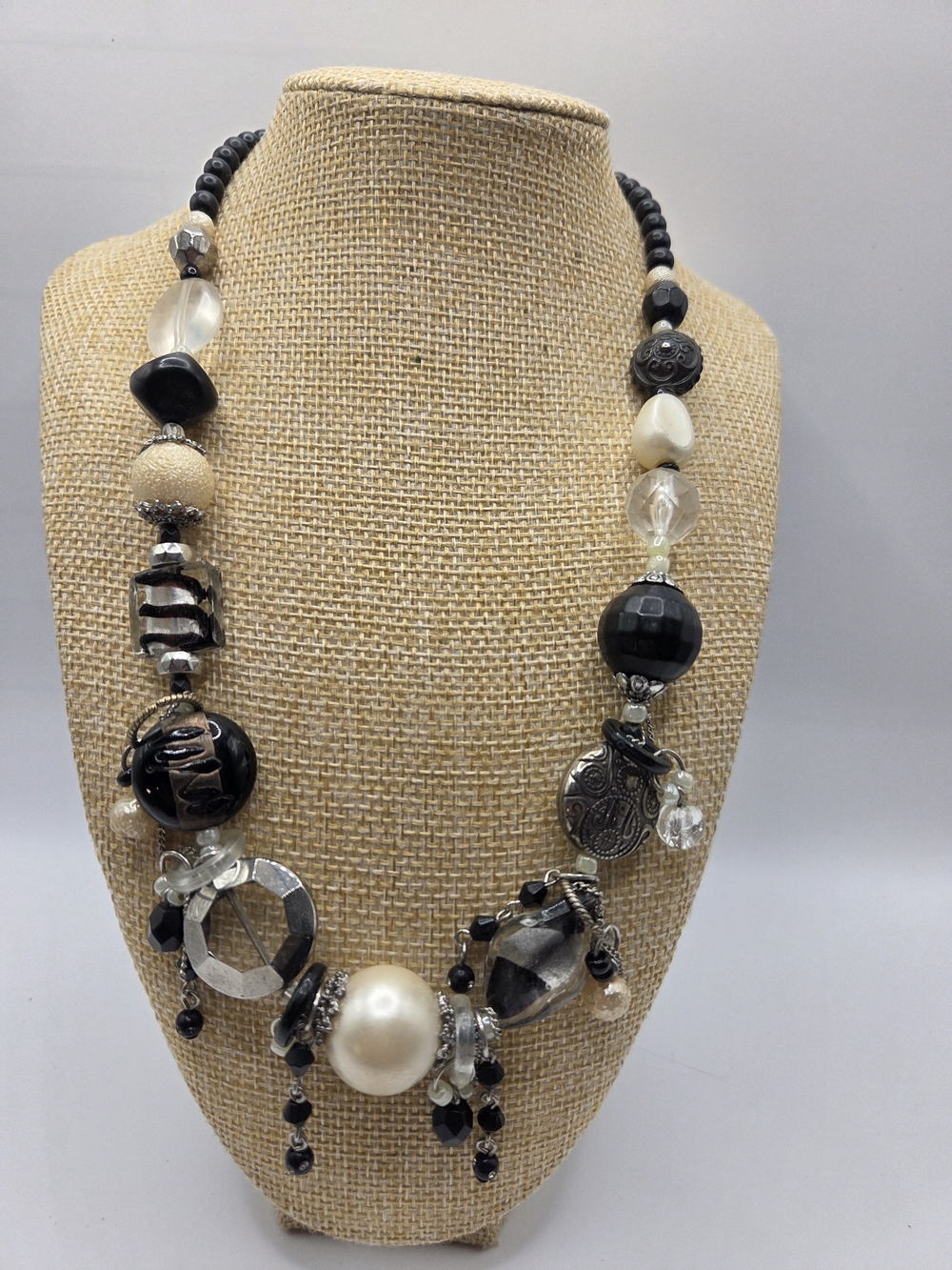 1652. Treska Black and Cream Mixed Bead Statement Necklace